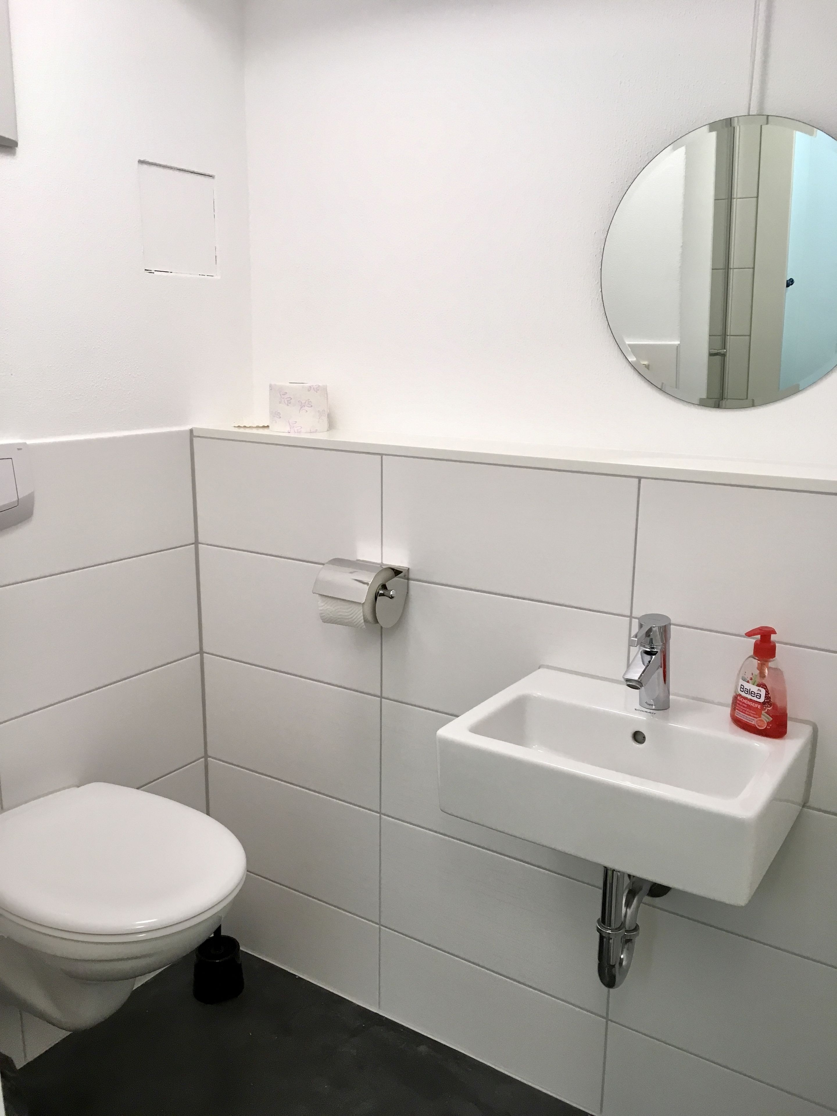 Ein Badezimmer mit Toilette, Waschbecken und Spiegel.