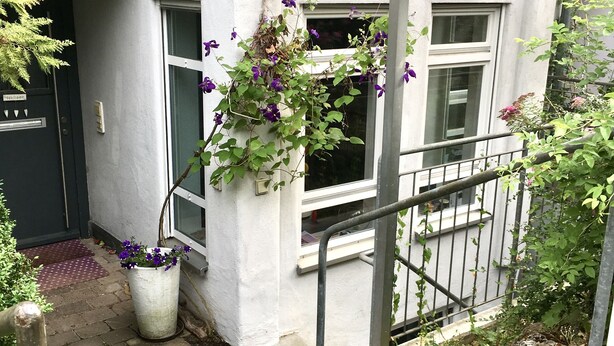 Edificio residencial con fachada blanca, una puerta negra y un ventanal con flores moradas.