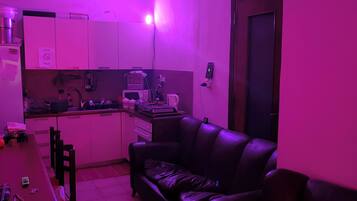 Full-size fridge, microwave, stovetop, espresso maker