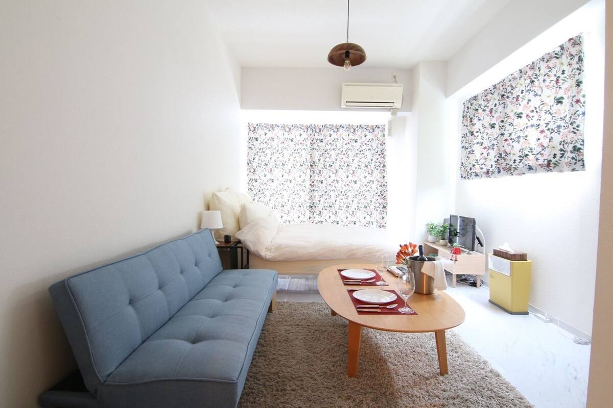 Desk, laptop workspace, blackout curtains, free WiFi