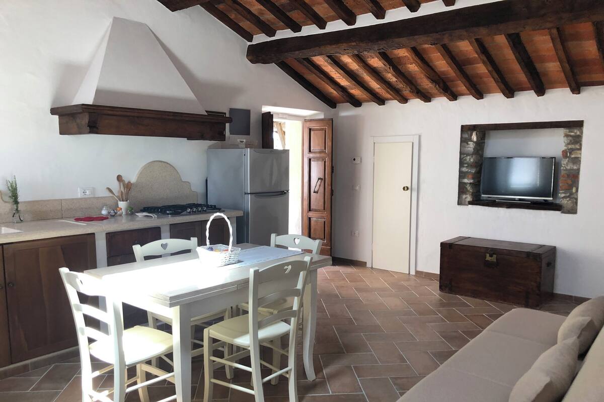 A compact kitchen with a dining area, a TV mounted on a stone wall, and a wooden ceiling.