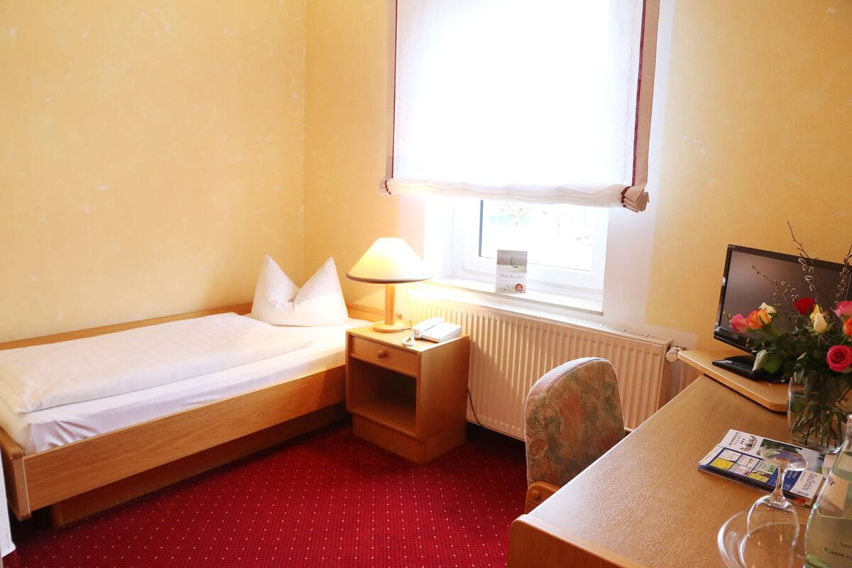 A small hotel room with a single bed, a desk with a computer, a chair, a lamp, and a window with a view.
