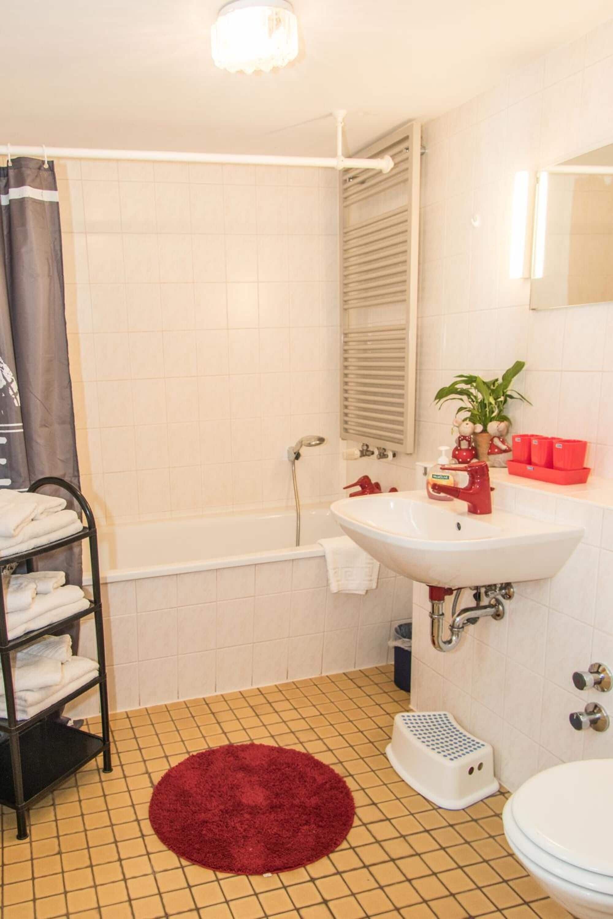 Ein Badezimmer mit einer Badewanne, einem Waschbecken, einer Toilette, einem roten Teppich und einem Ablagefach für Toilettenartikel.