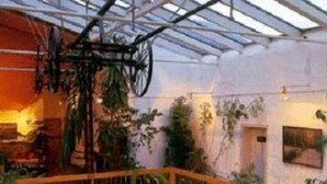 Een kas met een houten balkon, planten en een fiets.