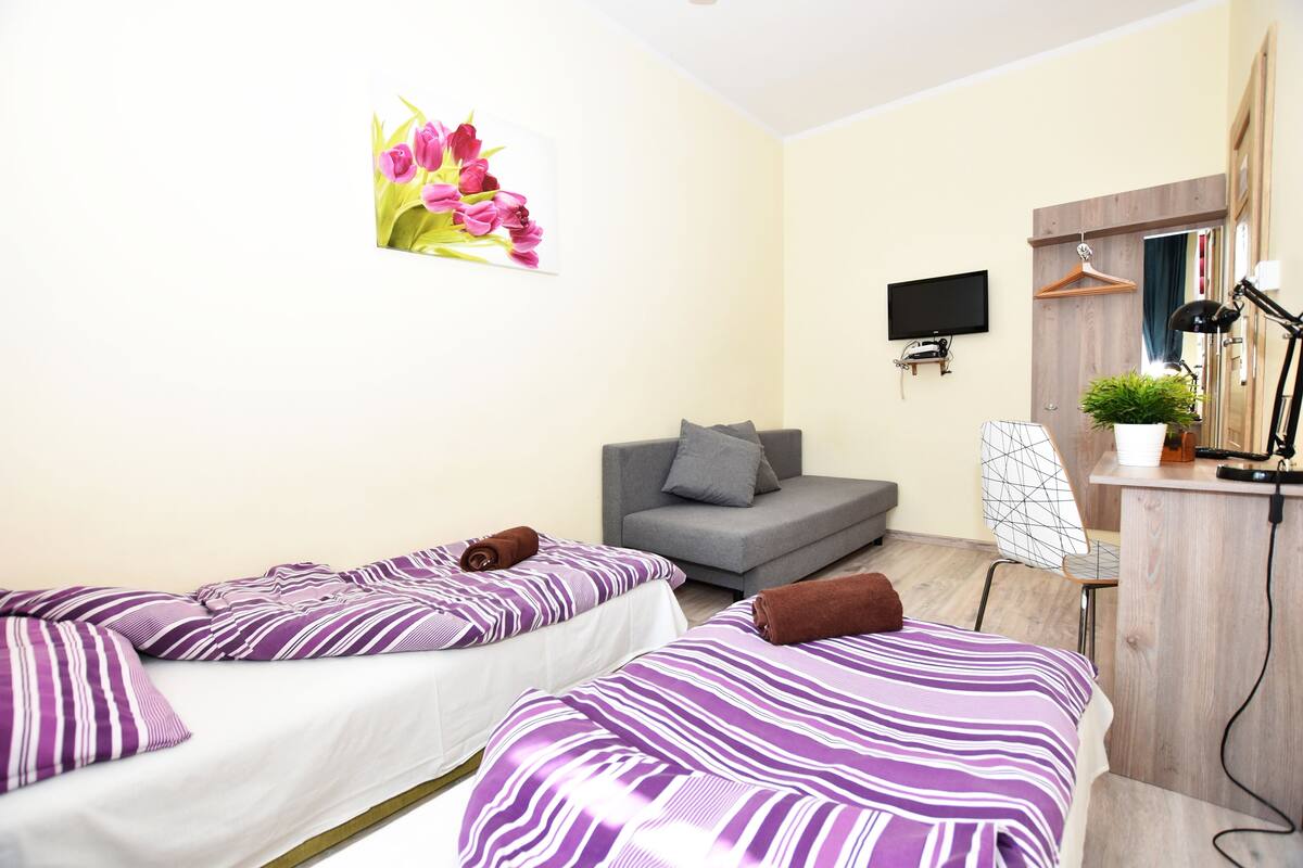 A hotel room with two beds, a gray sofa, a TV, a desk with a plant, and a mirror.