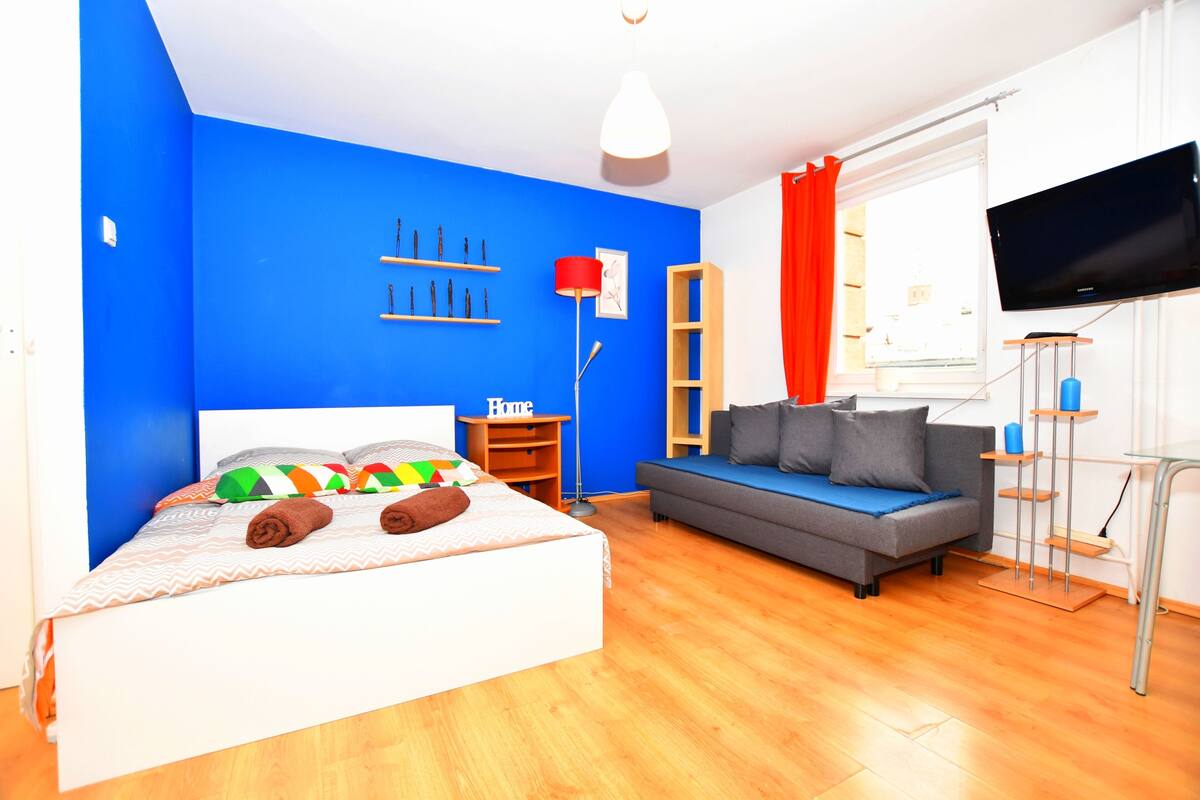 A bedroom with a bed, a sofa, a TV, and a window with curtains.