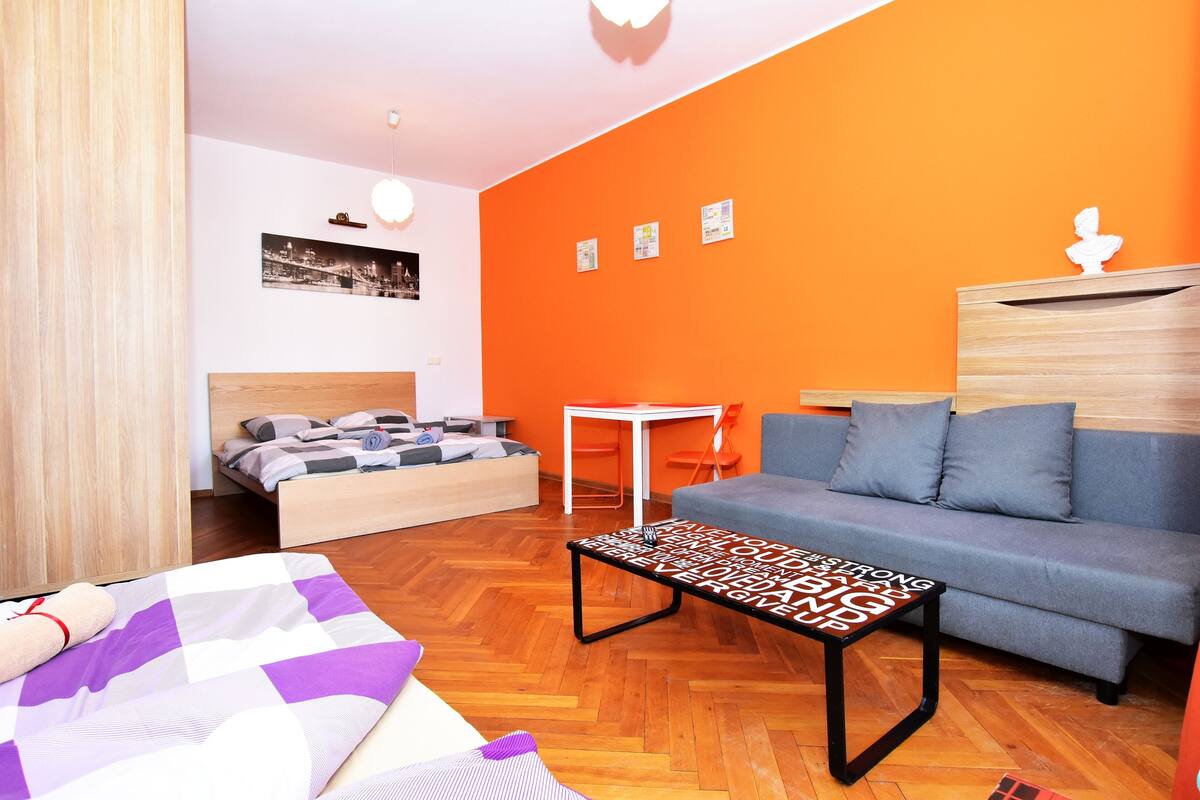 A modern room with a bed, a sofa, a small table, and a desk.