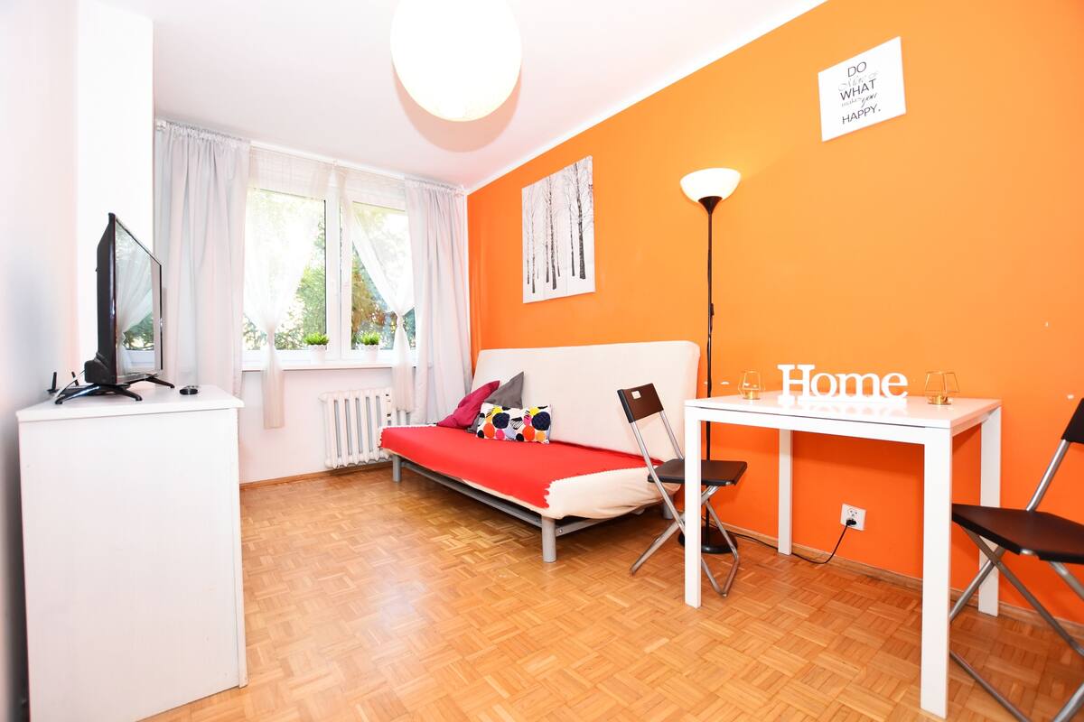 A compact room with a bed, a desk, a chair, a TV, and a radiator.