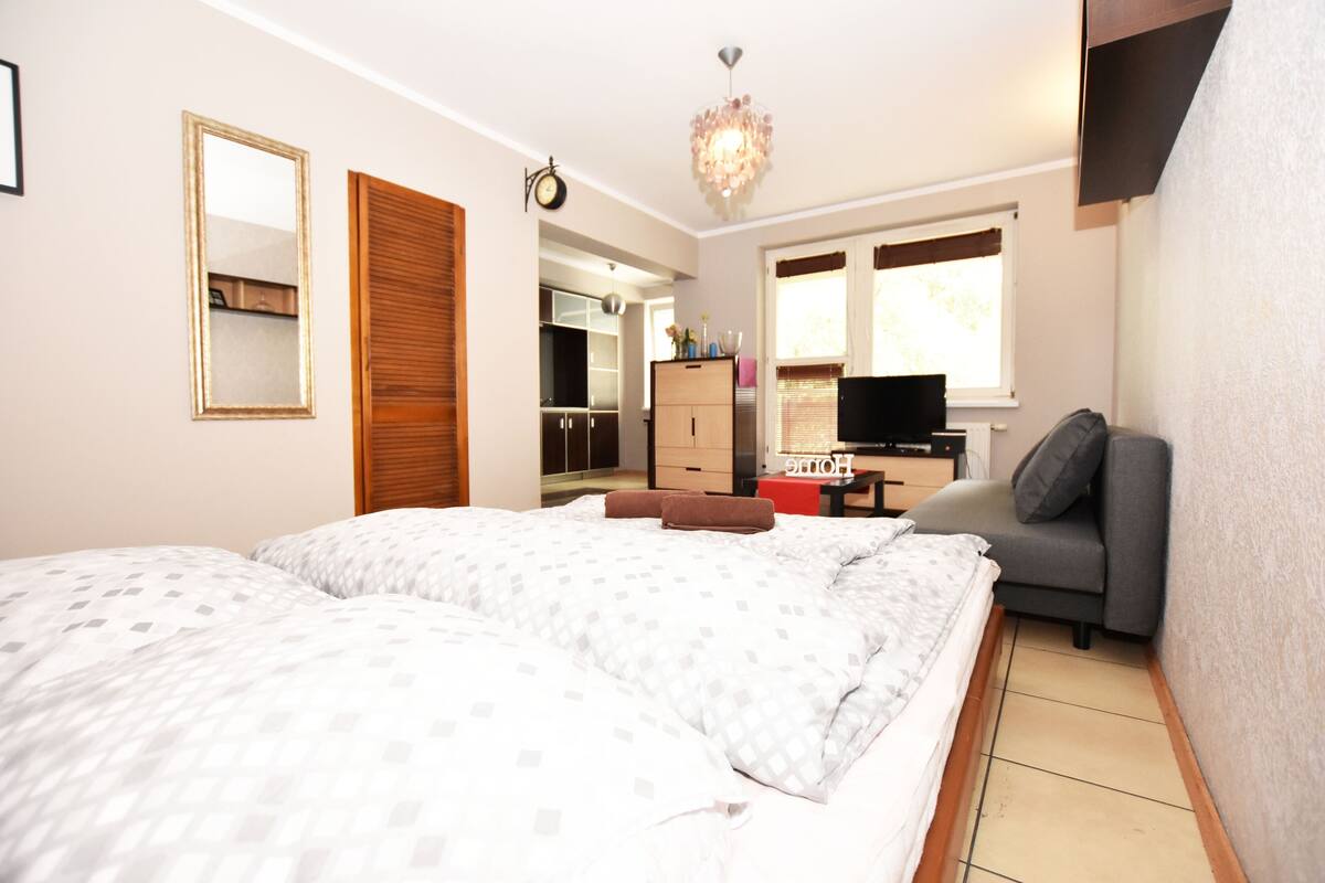A bedroom with a large bed, a sofa, a TV, and a wardrobe.