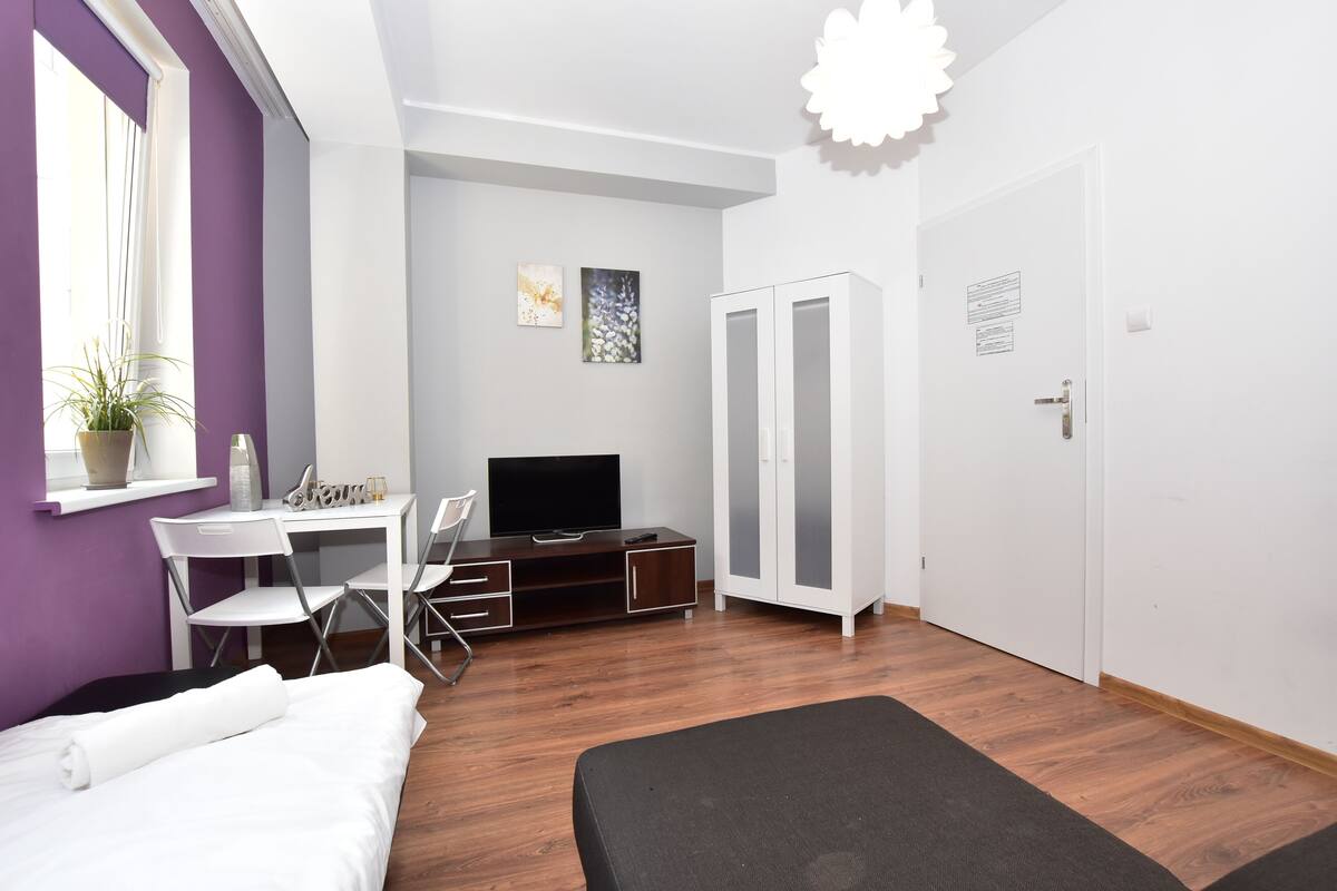 A modern hotel room with a bed, a desk with a chair, a TV, a wardrobe, and a window with a plant.