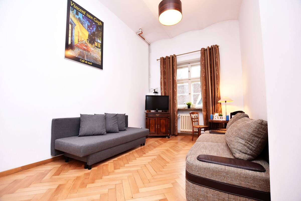 A living room with a grey sofa, a brown sofa, a TV on a wooden cabinet, and a lamp on a side table.