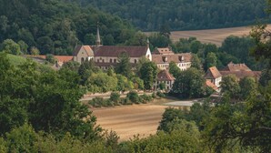 Uma aldeia rural com uma igreja e vários edifícios residenciais, rodeada por árvores e campos.