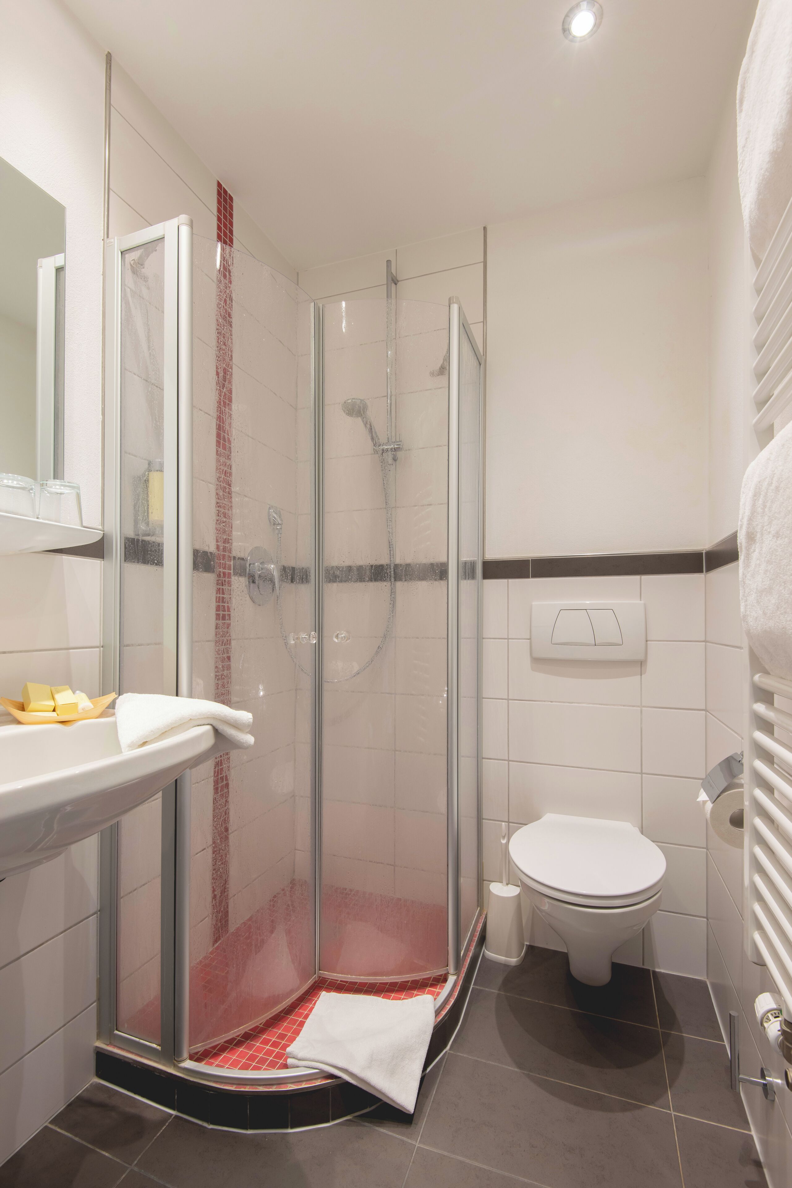 Une salle de bain moderne avec une douche à parois de verre, un lavabo blanc et des toilettes.