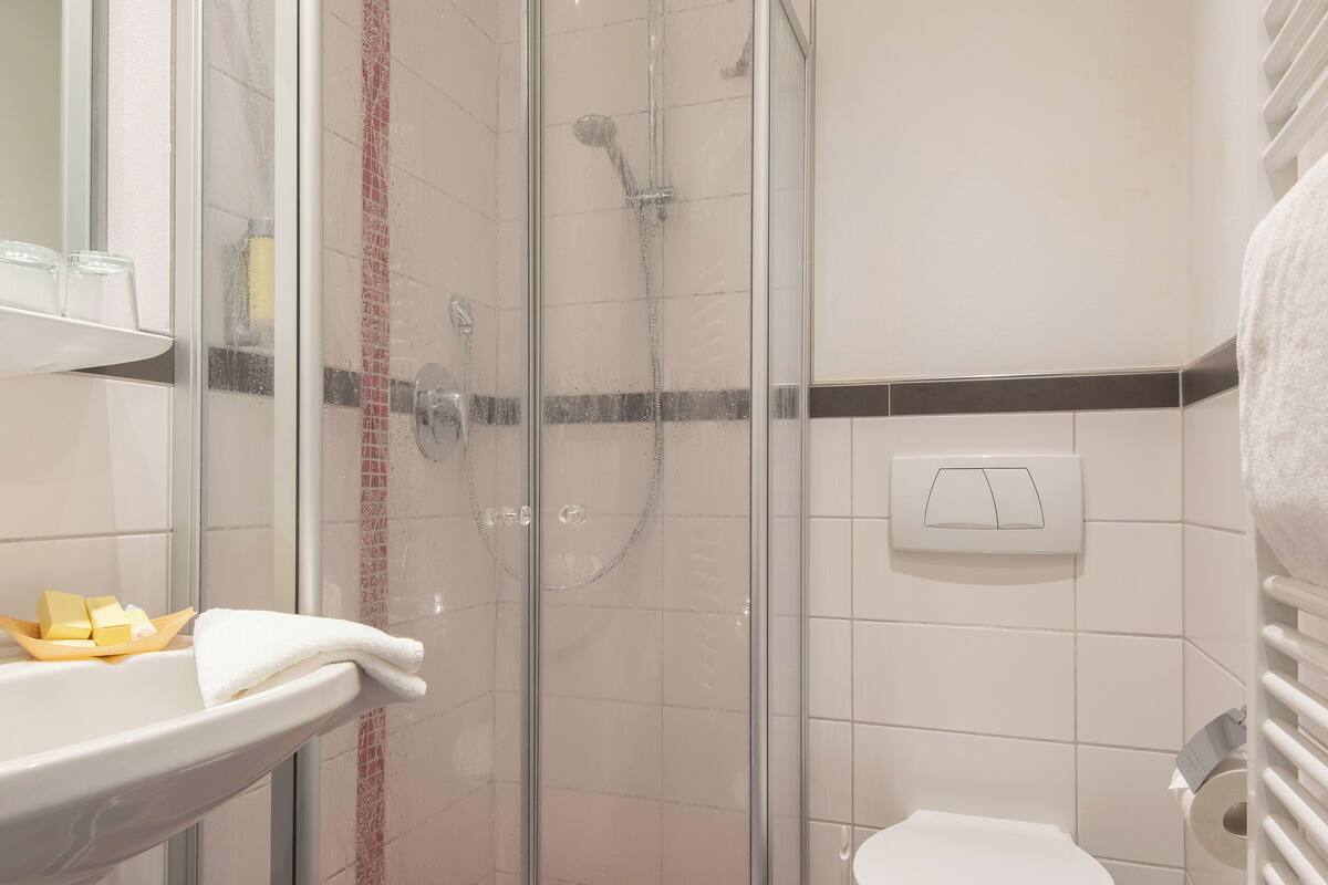 standard double room | bathroom | shower, rainfall showerhead, free toiletries, hair dryer