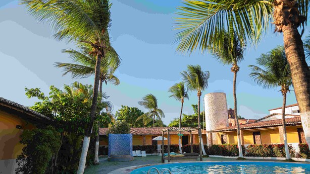 Zona de piscina con palmeras, piscina con azulejos y un edificio de techo cubierto de azulejos.