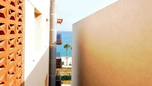 A narrow corridor with a view of the ocean and a palm tree. - HomeHolidaysRentals  Maritim V (Pineda de Mar)