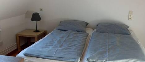 A bedroom with two beds, a nightstand, a lamp, and a ceiling light.
