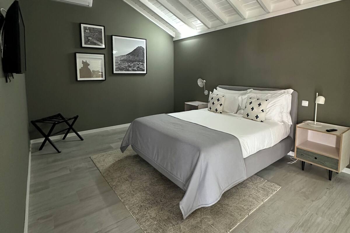A bedroom with a bed, a nightstand, a desk, and a chair.