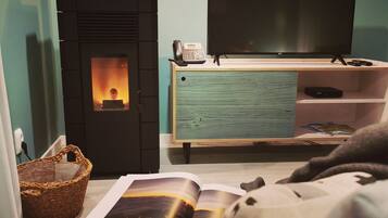 Una sala de estar acogedora con chimenea, televisor y estantería.