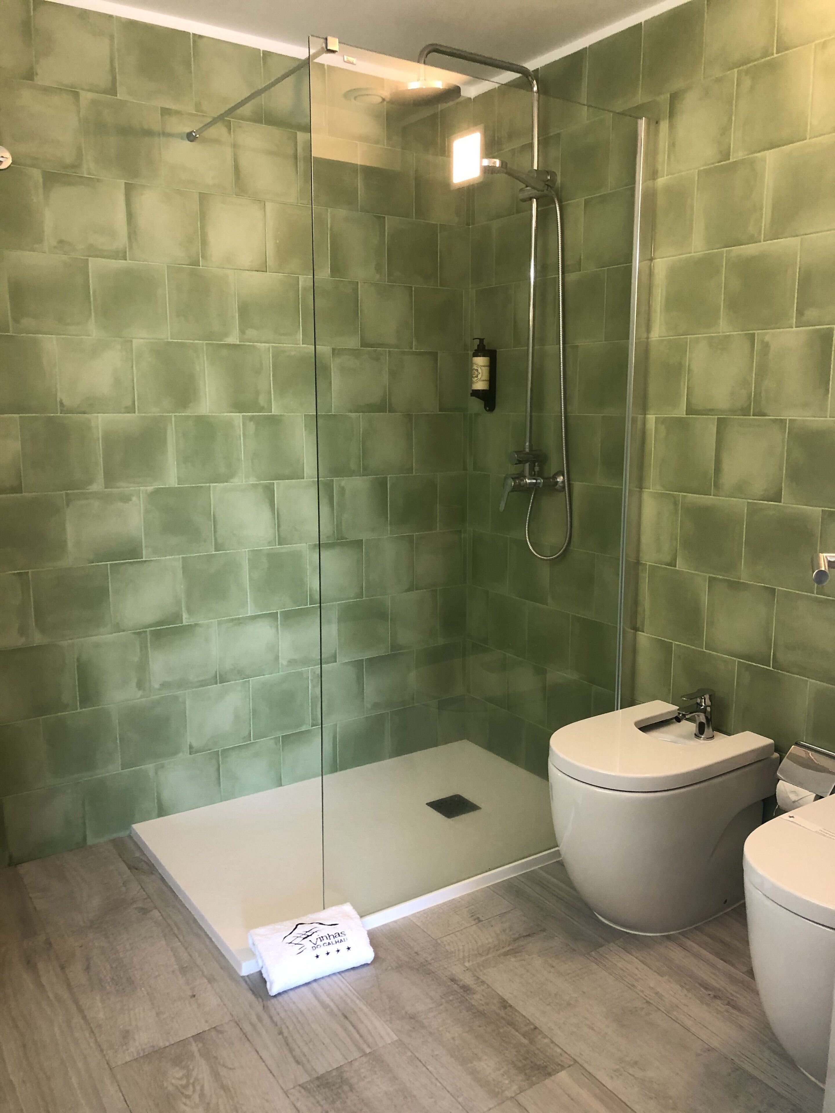 A bathroom with a glass-enclosed shower, a toilet, and a bidet.