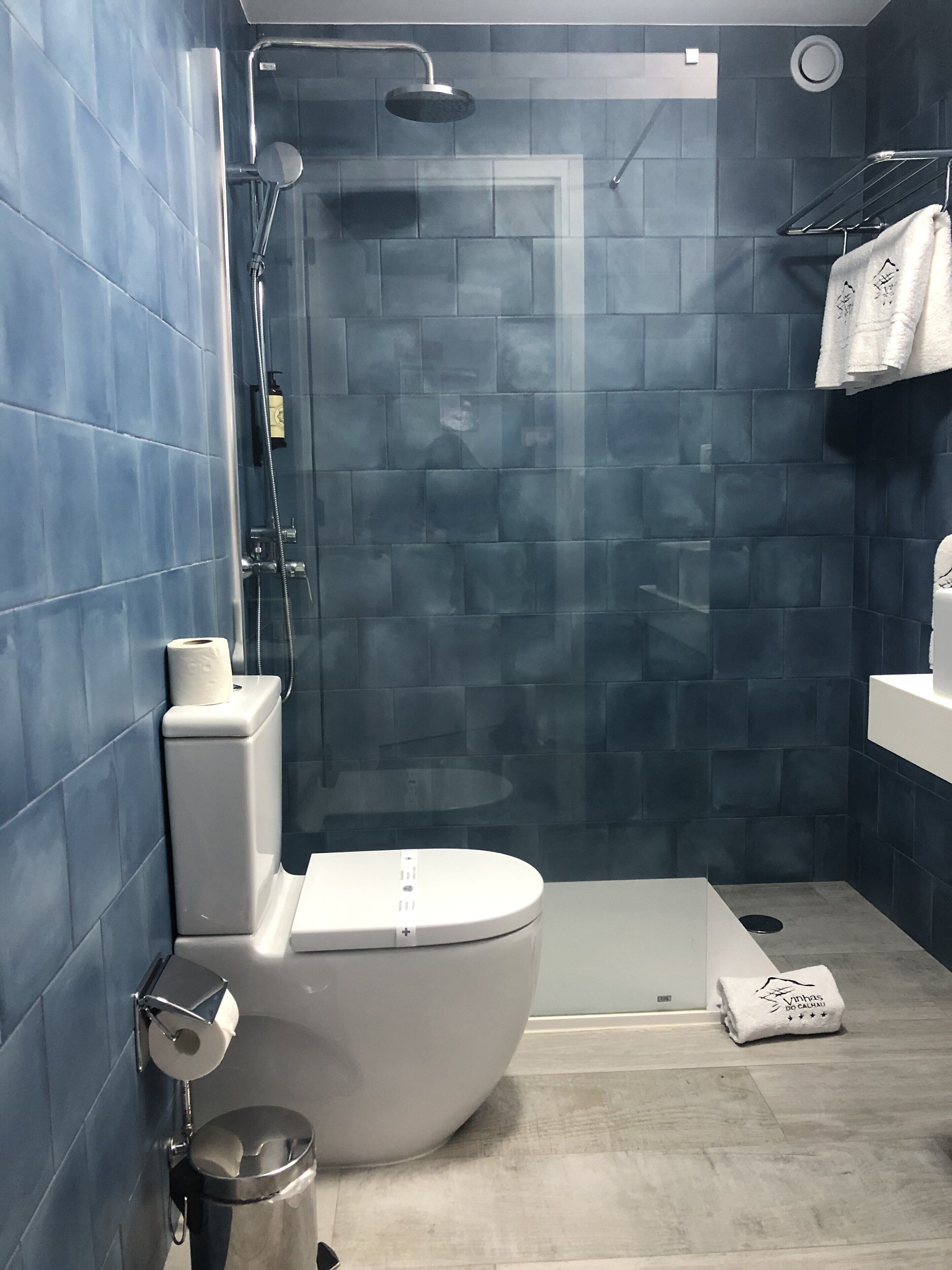 Une salle de bain moderne avec une douche à parois de verre, des toilettes et un porte-serviettes.