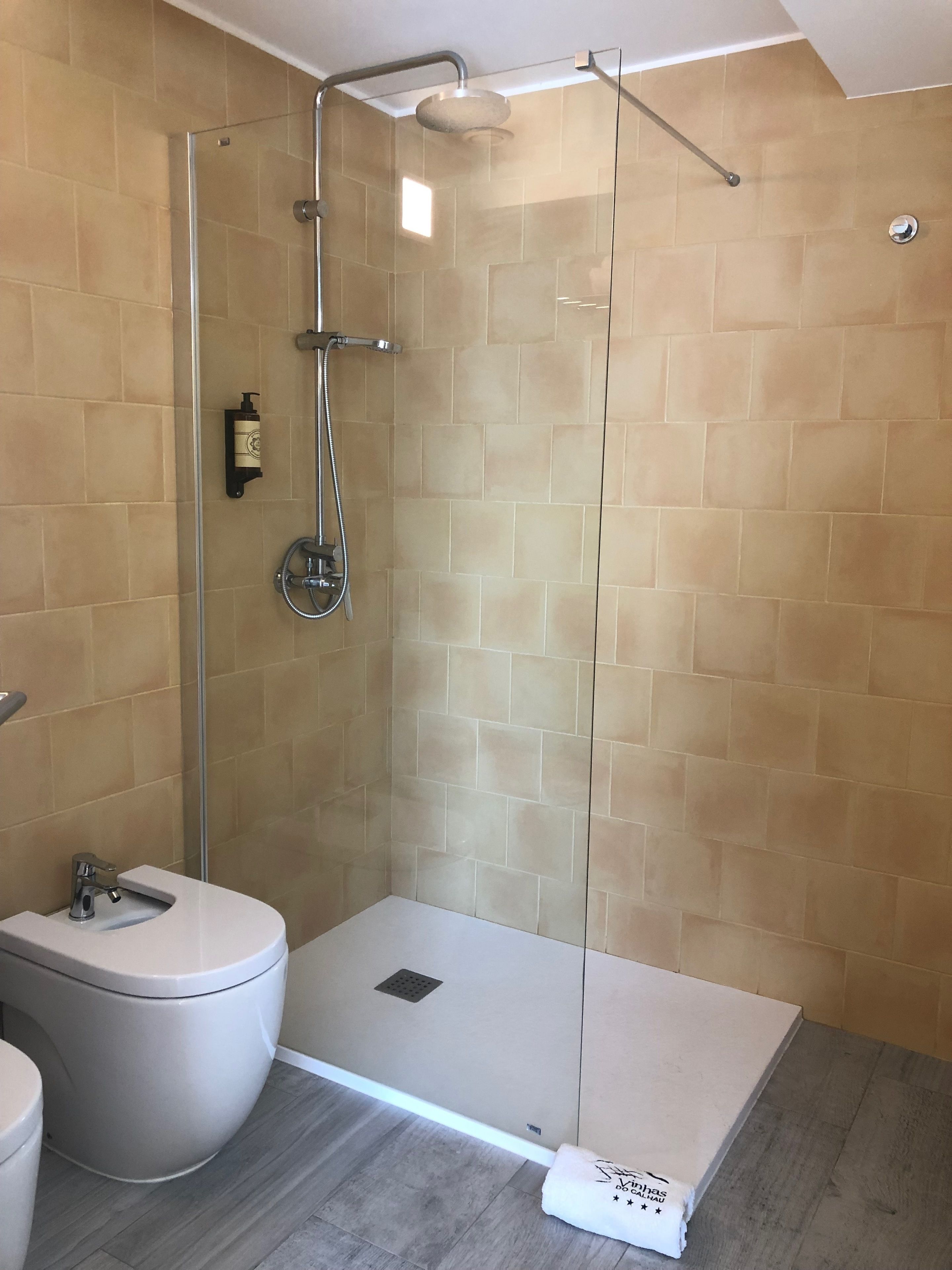 A modern bathroom with a glass-enclosed shower, a toilet, and a sink.