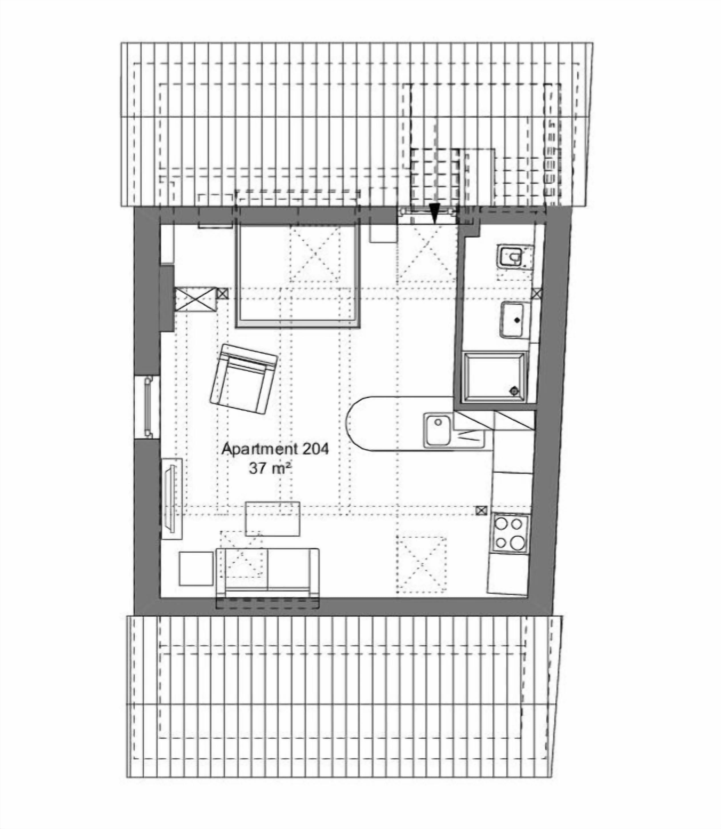 A floor plan of Apartment 204, 37 m², with a kitchenette, dining area, and a small living space.