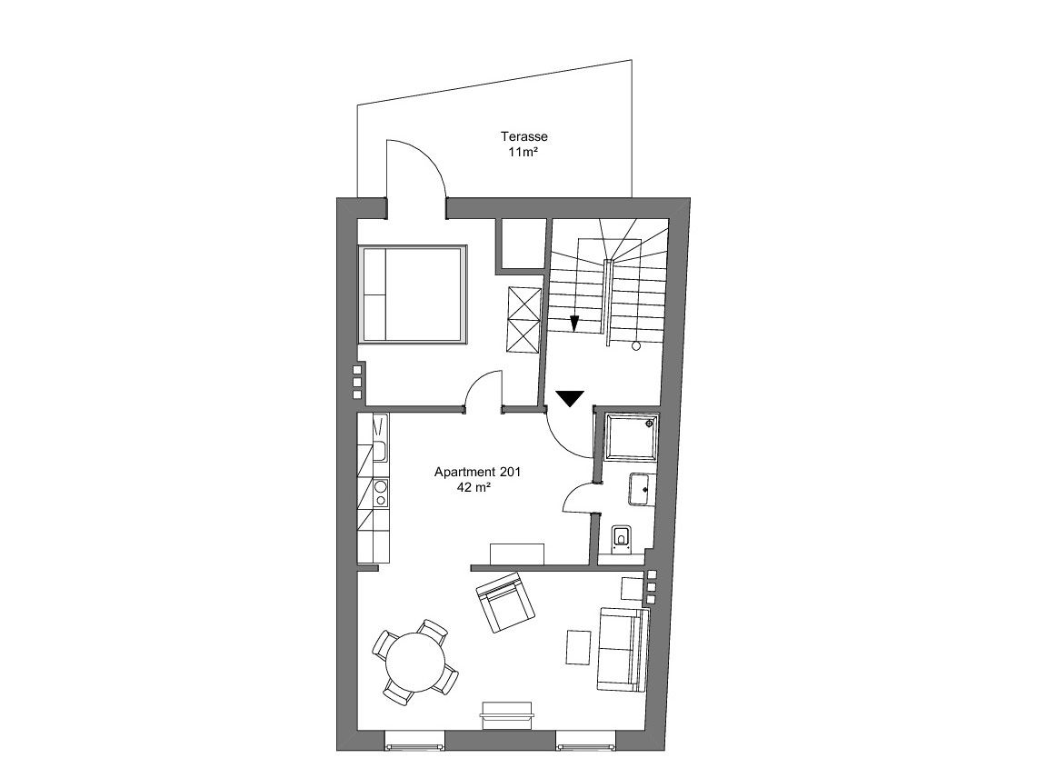 A floor plan of an apartment with a terrace, a kitchen, a dining area, and a bedroom.