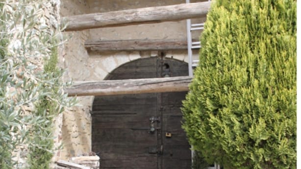 A stone building with a large wooden door, a small tree in a pot, and a stone wall with a ladder. - Maison d'hôtes La Cour des Lauriers (Saint-Hippolyte-de-Montaigu)