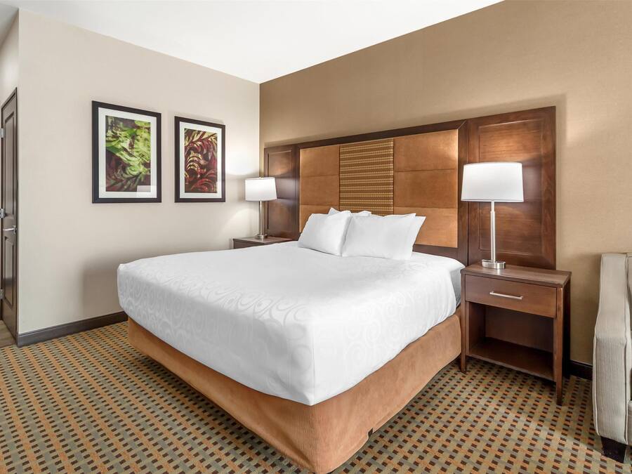 Habitación de hotel con una cama grande, dos mesitas de noche con lámparas, una silla y dos cuadros en la pared.