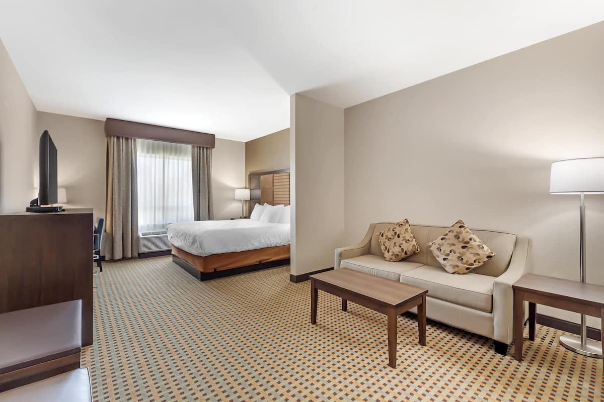 A hotel room with a bed, a sofa, a coffee table, and a TV.