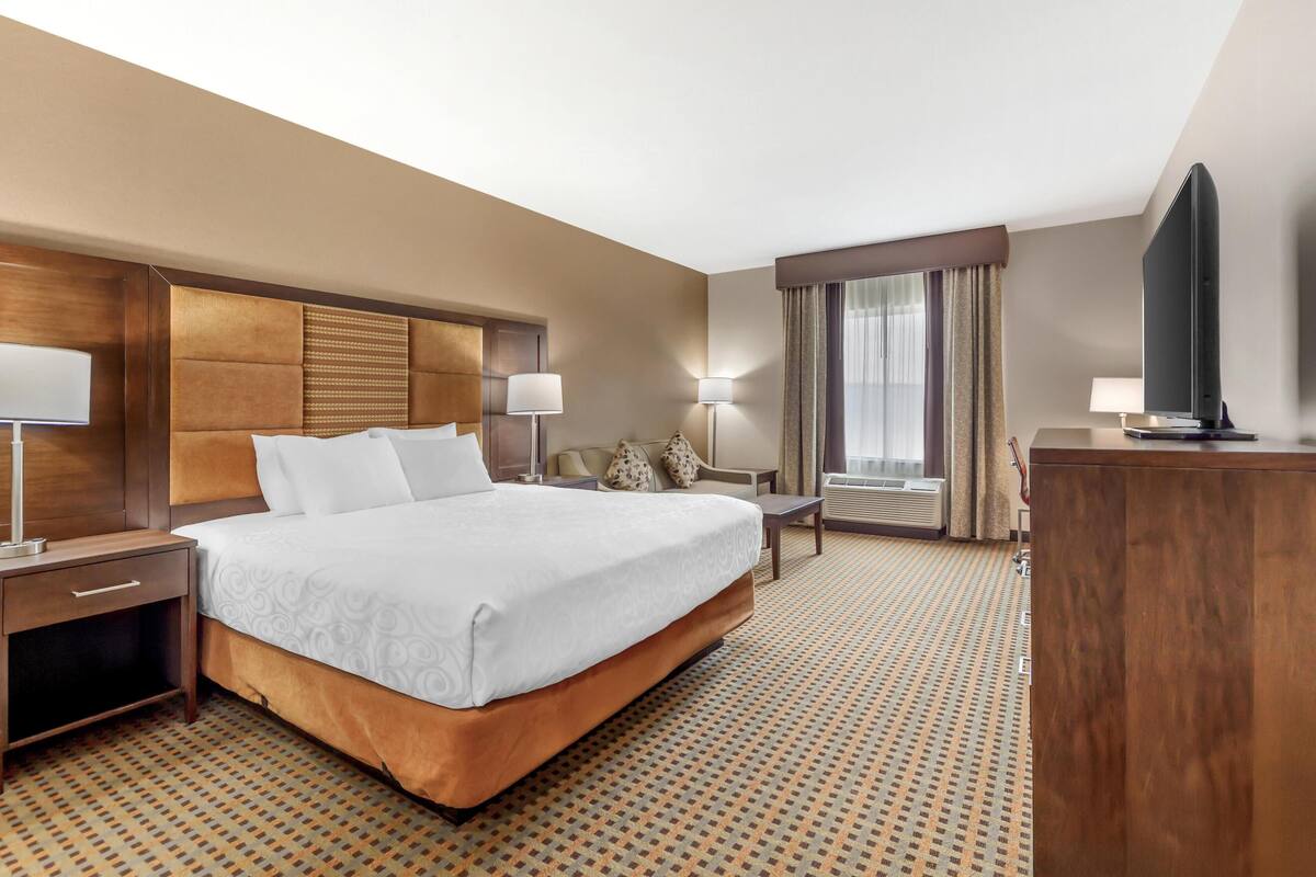 A hotel room with a large bed, a desk, a chair, a TV, and a window with curtains.