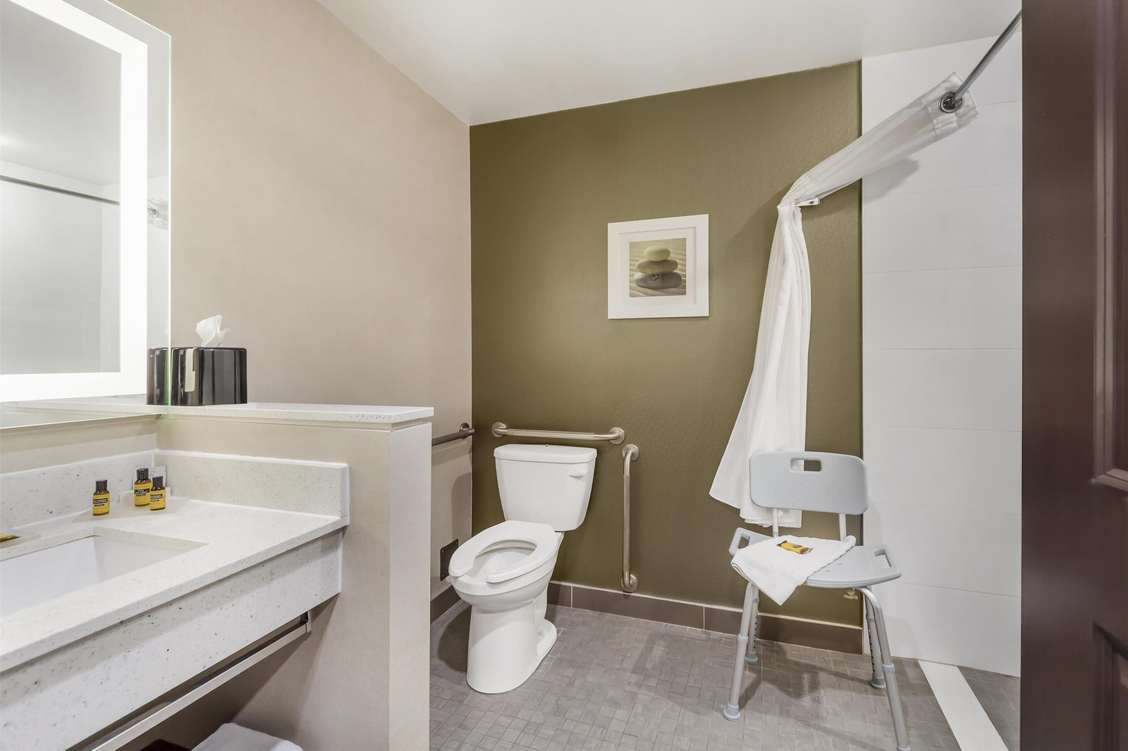 combined shower/bathtub, free toiletries, hair dryer, towels