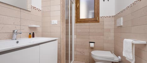 A modern bathroom with a shower, toilet, and sink.