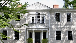 A white building with a central entrance flanked by columns, two potted plants, and a dog standing in front. - Inn at Kenmore Hall (Richmond)