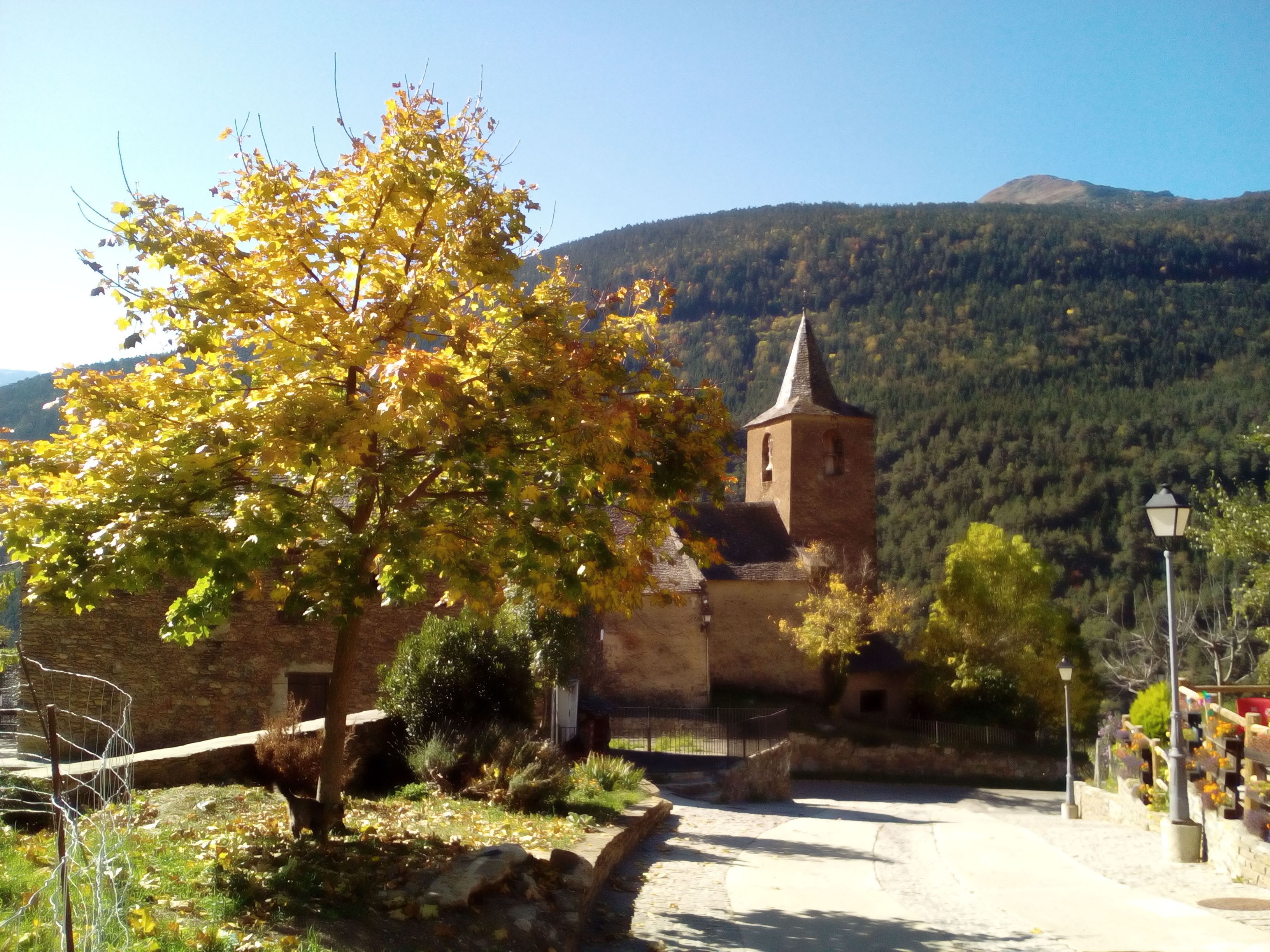 Un bâtiment historique en pierre, doté d’une tour, entouré d’un mur de pierre et d’un arbre aux feuilles jaunes.