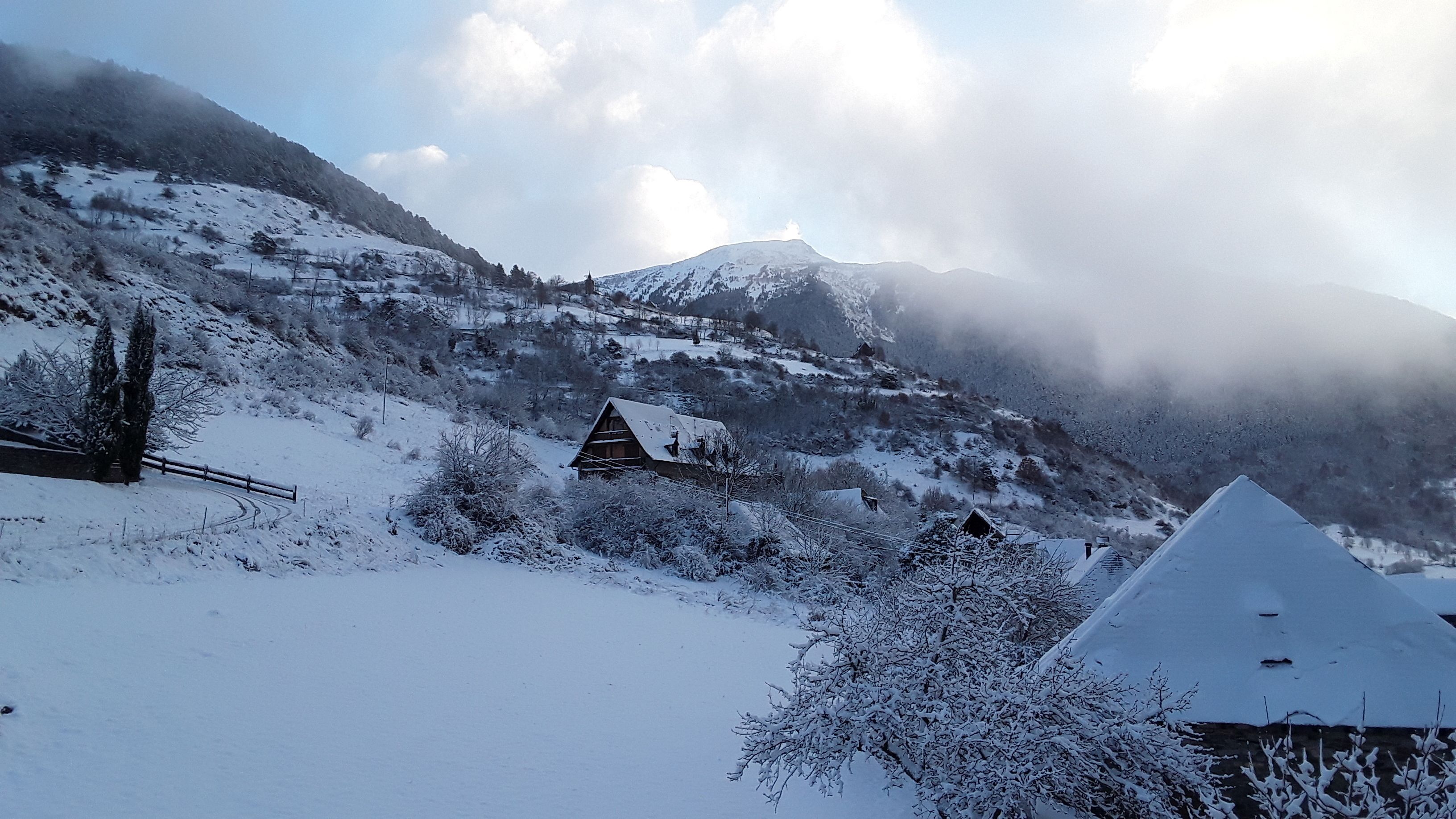 A snow-covered landscape with a mountain, a wooden house, and a snow-covered tree.