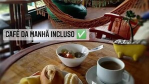Ambiente acogedor de cafetería con una hamaca, una mesa con un plato de comida, una taza de café y una marca de verificación que indica que el café está abierto.