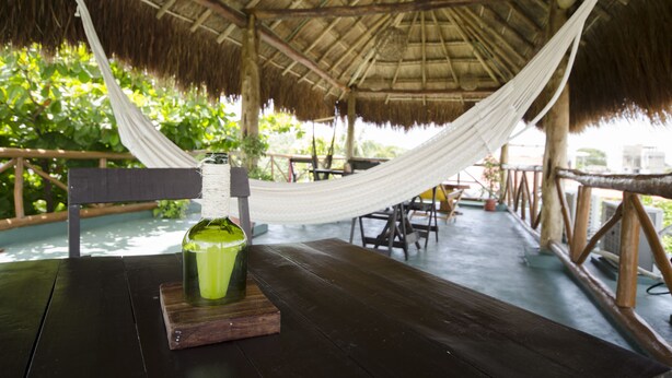 A hammock under a thatched roof, a wooden table with a green bottle, and a view of greenery. - Casa Almendro (Tulum)