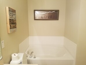 Combined shower/tub, hair dryer, towels, soap