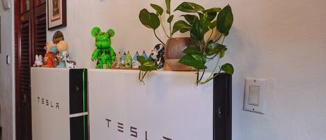 Een Tesla laadstation met een decoratieve plank erboven.