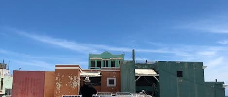 A rooftop with solar panels, a green building in the background, and a person standing.
