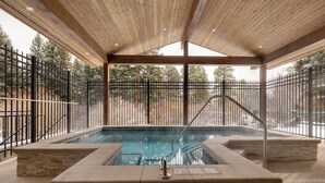 An indoor swimming pool with stone steps and a metal railing, surrounded by a wooden ceiling and glass walls.