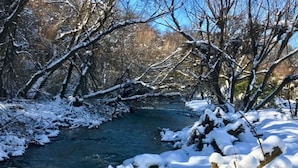 Un paisaje nevado con un río, árboles y cielo despejado.