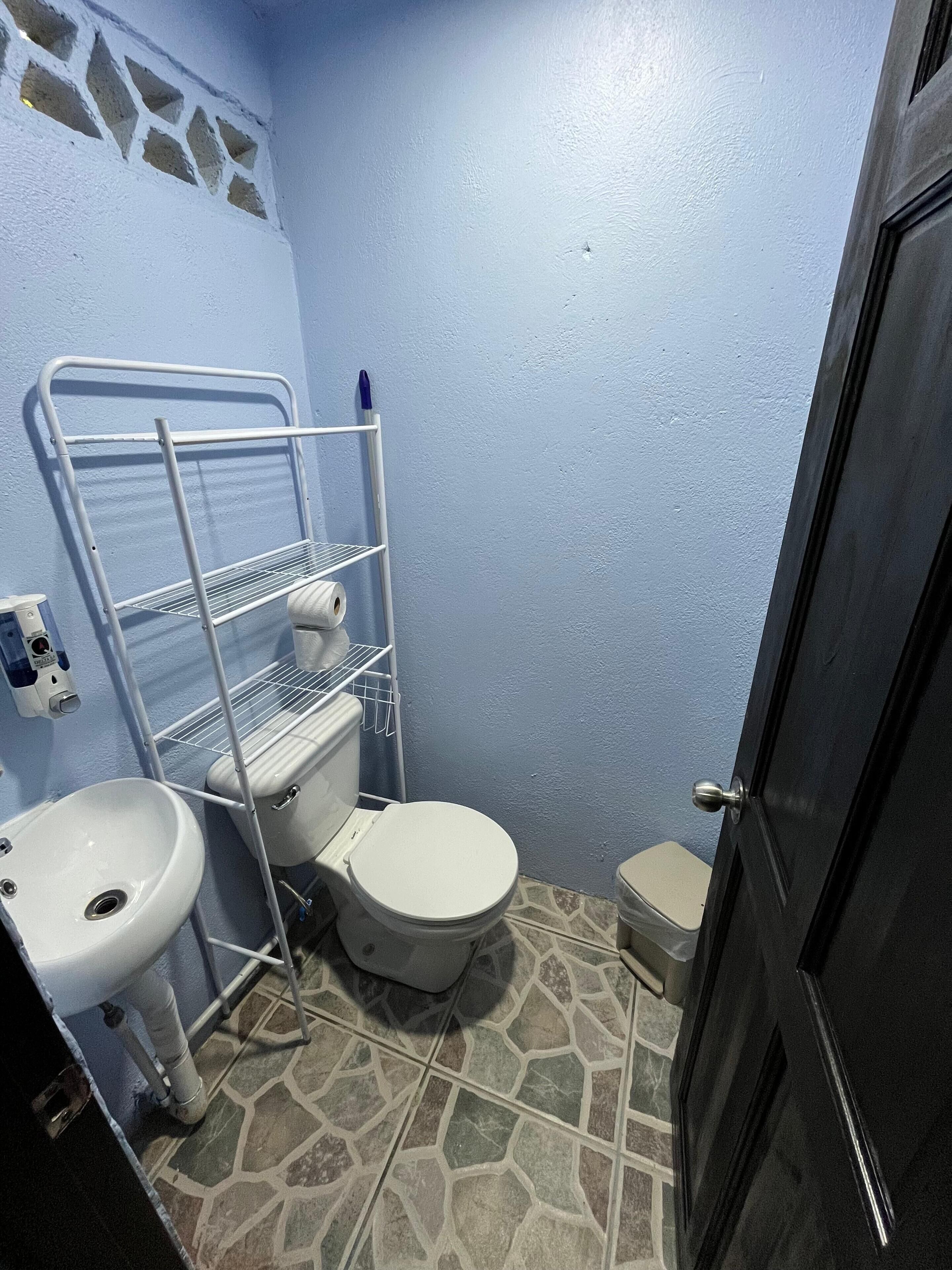 A small bathroom with a toilet, sink, and a metal shelf holding toilet paper.