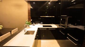 Fridge, microwave, electric kettle