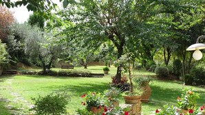 A garden with a stone pathway, a bench, and various potted plants. - Three-room apartment, 80 square meters, 5/7 persons with swimming pool, 8 km from the center of Florence (Scandicci, Firenze)