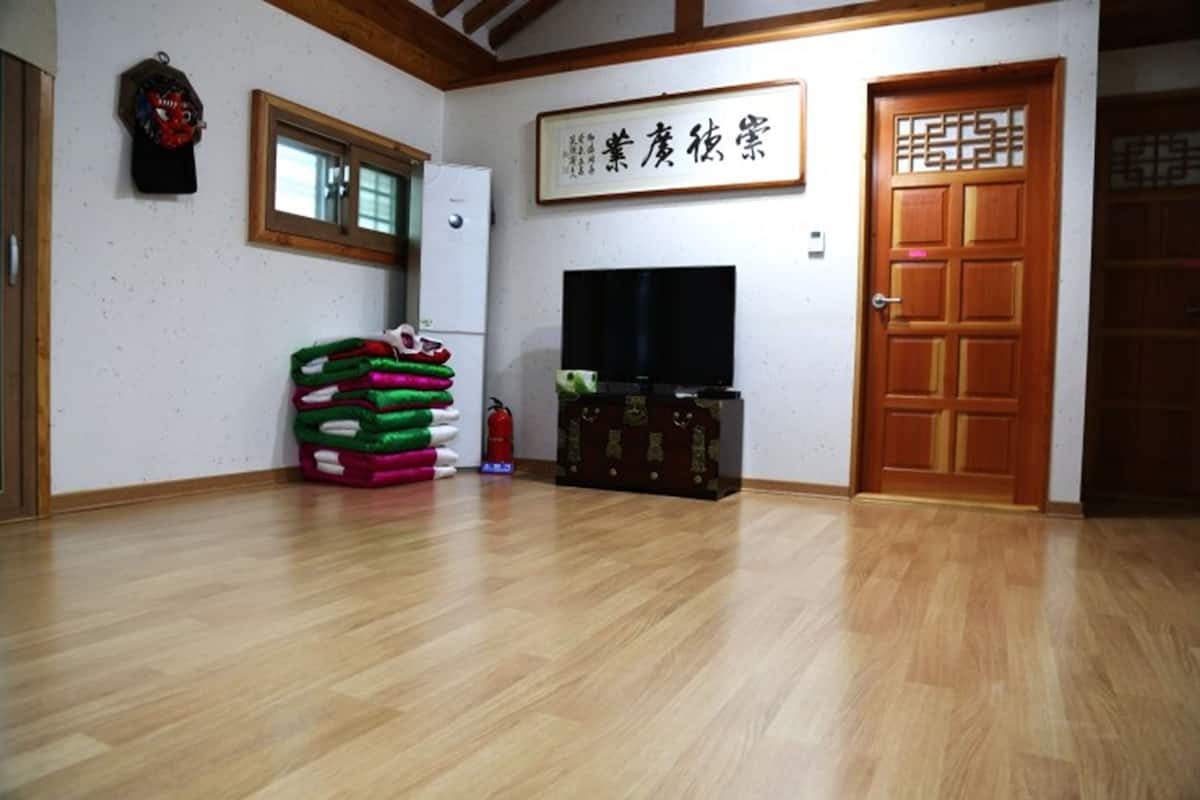 A room with a wooden floor, a television, a stack of colorful cushions, a fire extinguisher, and a traditional wooden door.