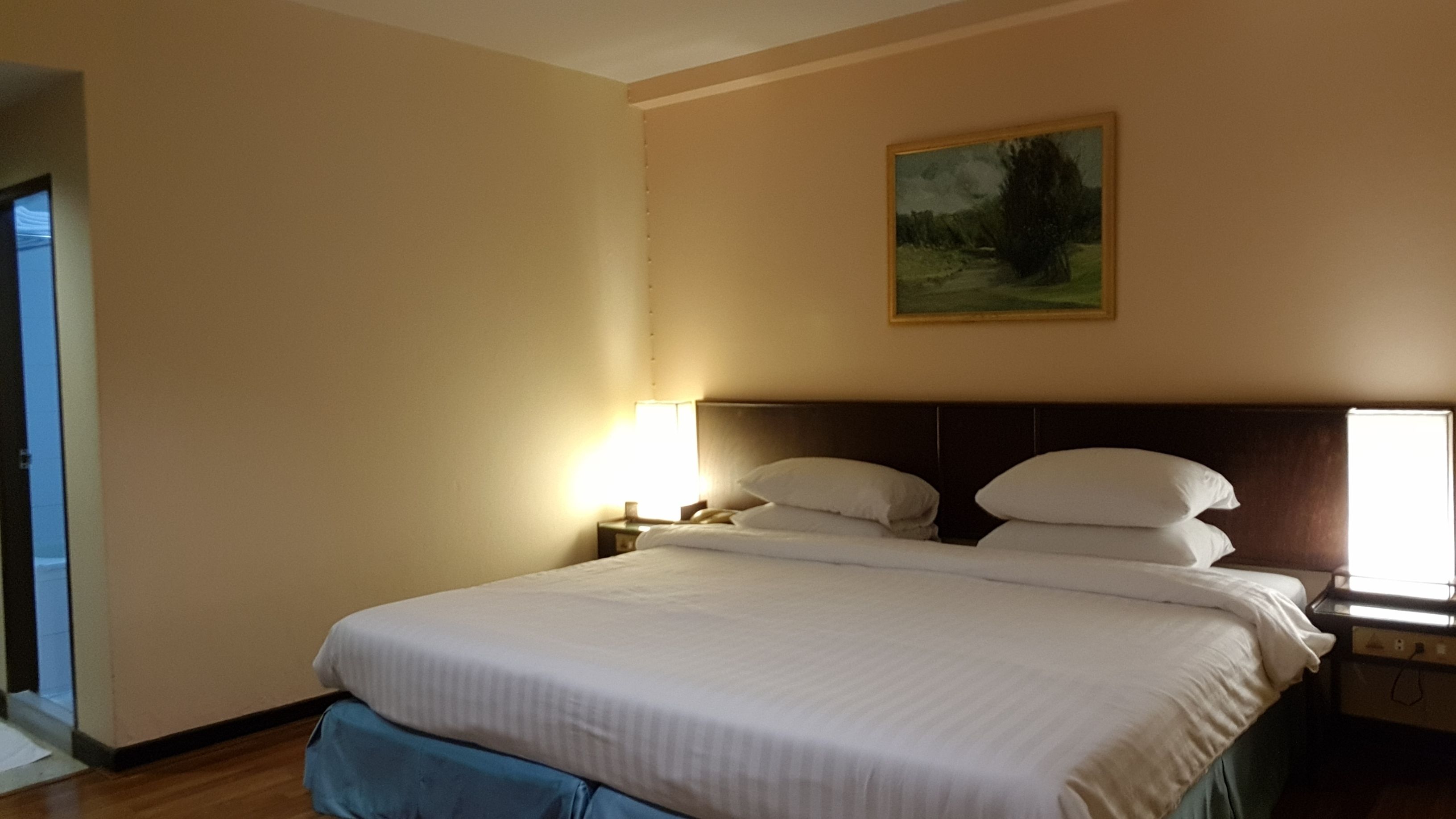 Une chambre d’hôtel avec un grand lit, une table de chevet, une lampe et un tableau au mur.