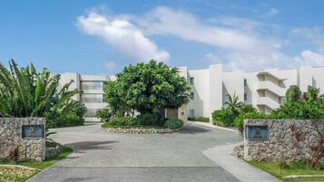 Una entrada de hotel moderna con un camino pavimentado, paredes de piedra y abundante vegetación.